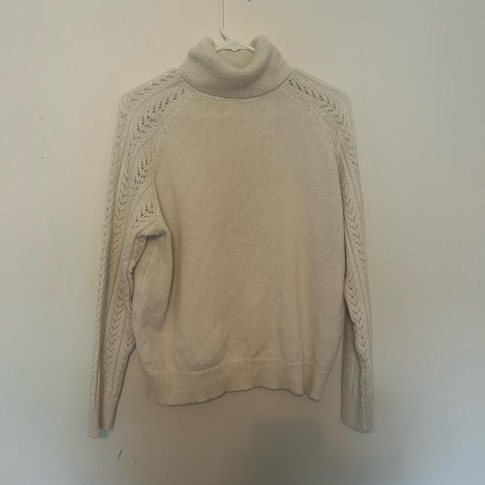 Cream Turtleneck Cable Sleeve Sweater